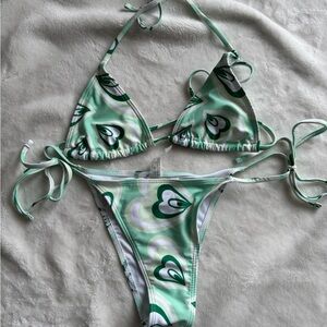 Green retro print string bikini set